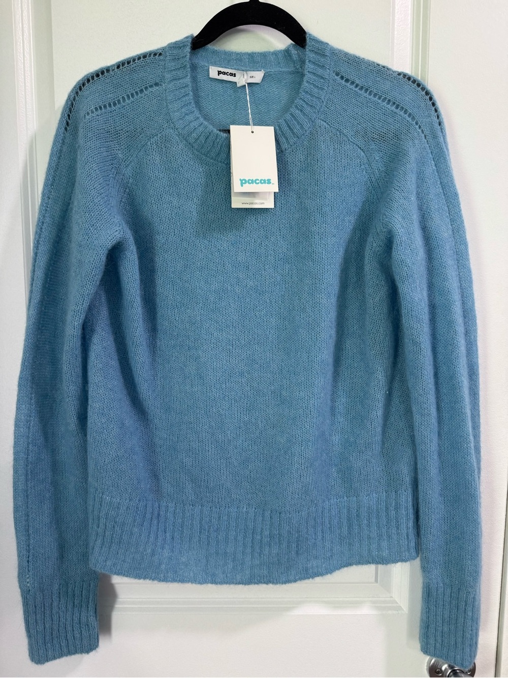 Pacas Crewneck Pointelle Sleeve Sweater Light Blue L NWT